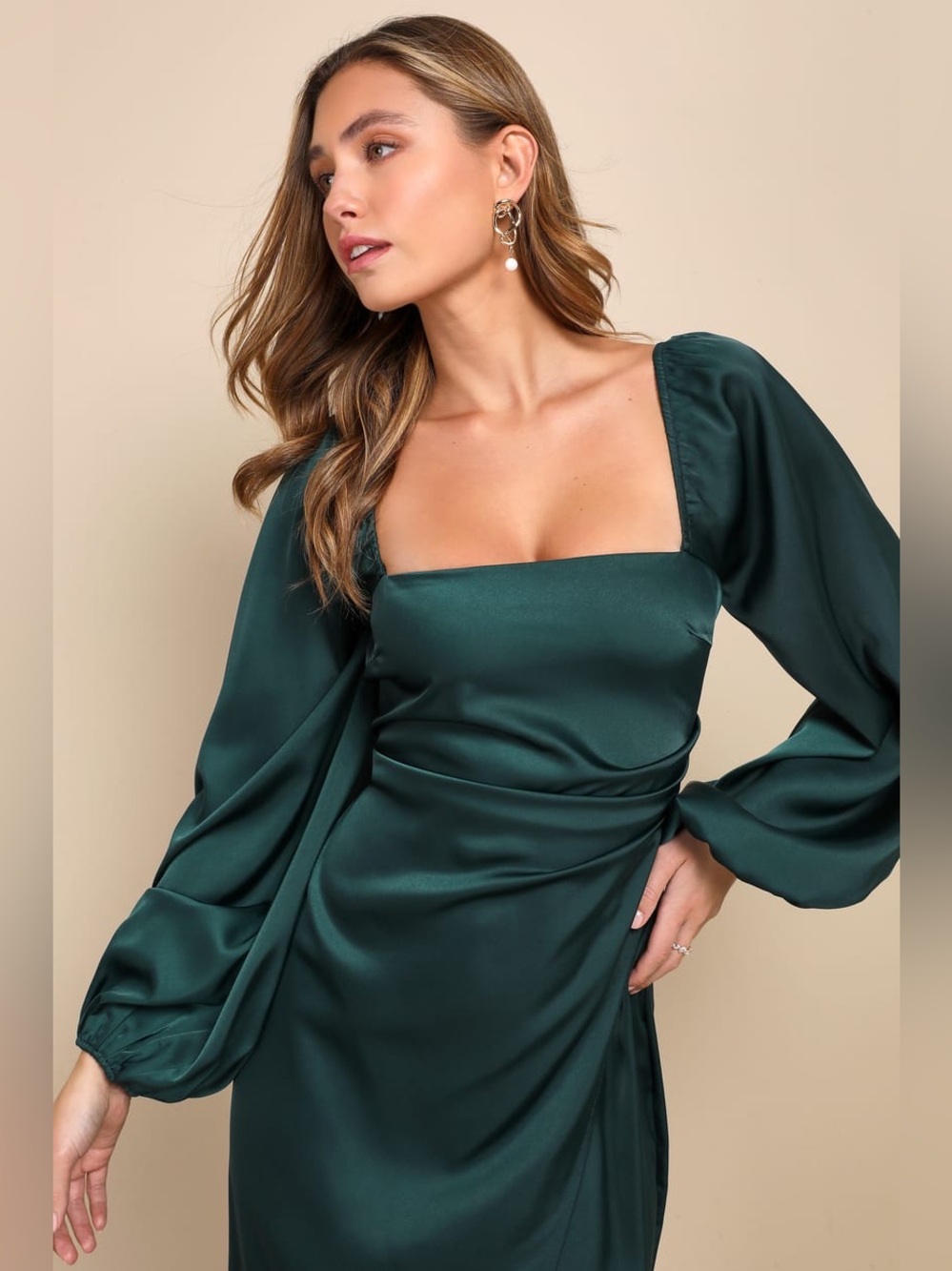 NWT Lulus Eternal Heart Emerald Green Satin Long Sleeve Maxi Dress Size XL - Picture 4 of 8